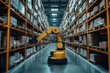 Aufkleber - Robotic arm operates in a modern warehouse filled with storage racks and packages