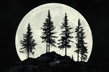 Wall Mural - Majestic trees silhouetted against a full moon backdrop