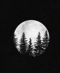 Wall Mural - Full moon shines over silhouette of evergreen trees at night