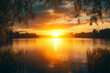 Aufkleber - Sunset casting golden reflections on a tranquil lake surrounded by trees and grasses