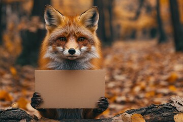 Aufkleber - Fox holding a blank sign in a serene autumn forest surrounded by fallen leaves and trees