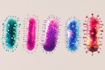 Poster - Colorful representations of bacteria showcasing diverse shapes and sizes with intricate details displayed on a neutral background