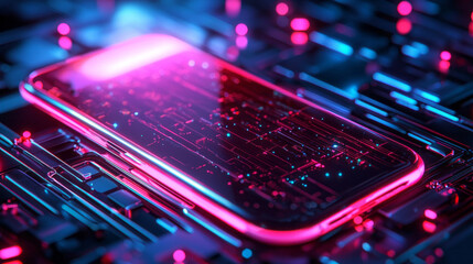 Poster - Enigmatic patterns and pulsating colors glow intensely on a smartphone, set against an intricate digital background that pulsates with energy, inviting exploration in a modern tech landscape