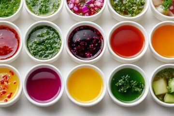Aufkleber - Colorful selection of various sauces and dips arranged neatly on a white background