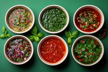 Aufkleber - Colorful assortment of six vibrant sauces displayed on a green background in a culinary setting