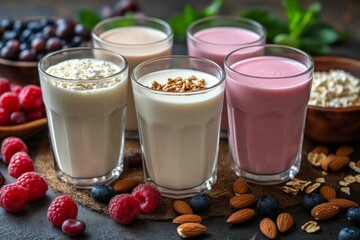 Poster - Delicious array of smoothies and yogurt parfaits presented with fresh berries and nuts on a rustic table