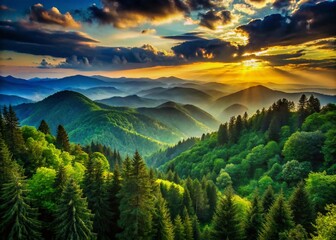 Wall Mural - Silhouette of Majestic Green Mountain Valley at Twilight, Forest Landscape