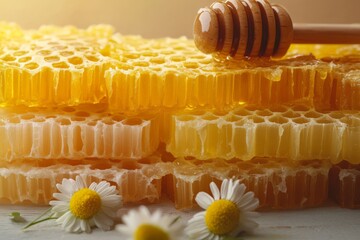 Aufkleber - Fresh honeycomb showcasing rich golden honey with honey dipper and daisies in natural light
