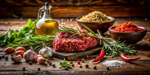 Wall Mural - Silhouette of Raw Ground Meat, Spices & Rosemary on Rustic Wooden Table - Close-up Stock Photo