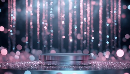 Poster - Luxurious Scene: Pink Background With Silver Empty Podium Enhanced By Neon Lights And Bokeh Decorations. A Stunning Display.