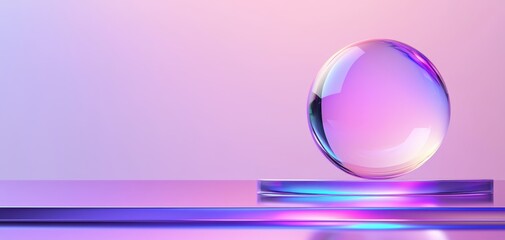 Poster - A transparent orb containing glowing geometric shapes, hovering above a reflective metallic platform in a futuristic 3D design