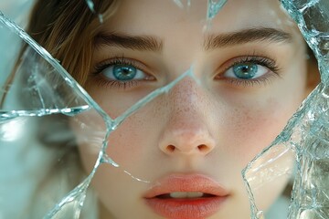 Poster - Captivating portrait of a young woman with striking blue eyes framed by shattered glass