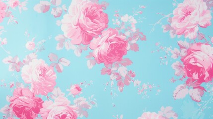  Pastel Pink Roses on Aqua Background: A Delicate Floral Pattern