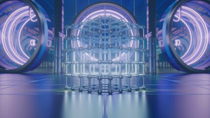 Poster - A metallic, cube-shaped structure glows in a futuristic, neon-lit environment.