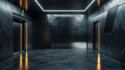 Poster - Futuristic black sci fi lab with shadowy corridors and glowing lines, Futuristic black sci fi lab, empty and shadowy with minimalist wall lighting