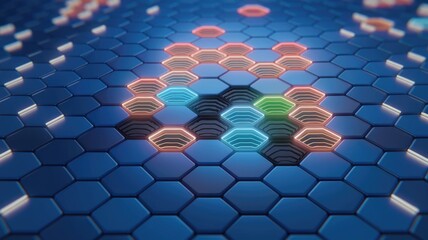 Poster - Abstract 3D rendering of a honeycomb pattern with glowing neon hexagons in vibrant colors.