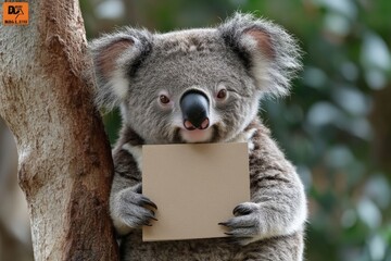 Poster - Koala holding a blank card in a natural habitat showcasing greenery and curiosity