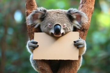 Poster - Koala resting on tree branch while holding a blank sign in a natural habitat during daylight