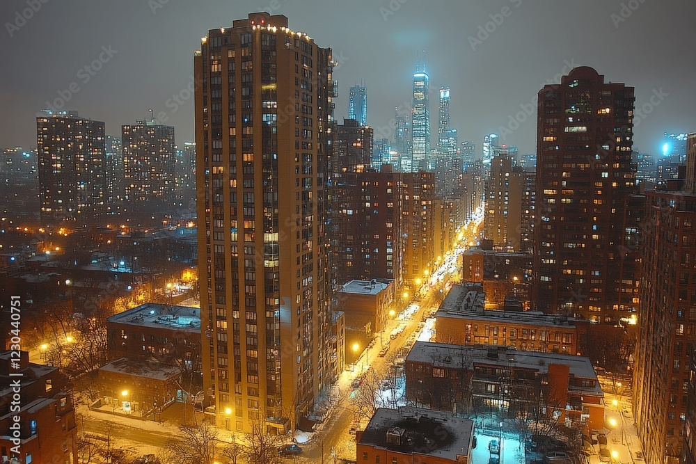 City skyline illuminated by streetlights and buildings during a snowy ...