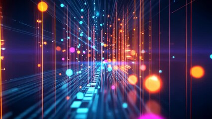 Poster - Glowing digital data flow with neon light patterns illuminating virtual space, Abstract Glowing Digital Data Flow with Neon Light Effects