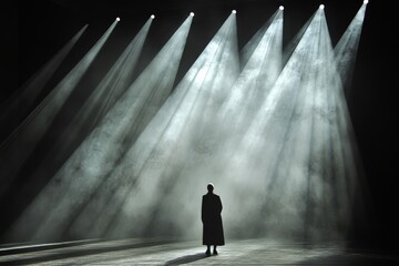 Leinwandbilder - Mysterious figure standing under dramatic stage lights in a fog-filled theater during a captivating performance