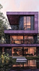 Poster - Set against a serene backdrop, this striking modern house features a vibrant purple color scheme. The expansive windows reflect the twilight sky, inviting a sense of tranquility and style