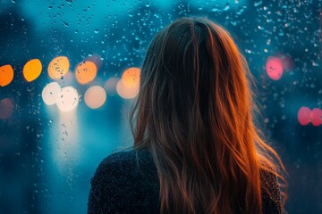 Aufkleber - Woman with long hair gazes out at city lights through a rainy window during evening hours