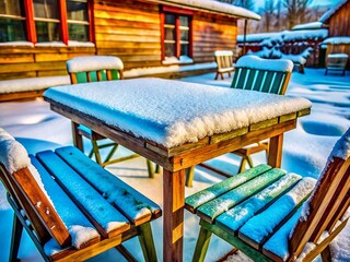 Wall Mural - Snowy Winter Scene: Rustic Outdoor Table and Chairs Buried Under Deep Snow