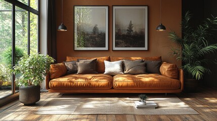 Poster - Stylish living room featuring a warm mocha couch adorned with plush pillows, complemented by lush plants and framed artwork that brings a sense of tranquility