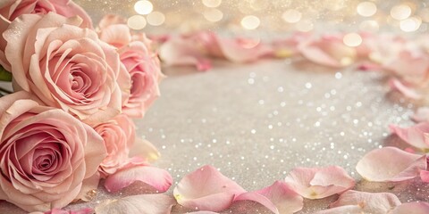 Wall Mural - Soft Vintage Rose Flower Frame with Glitter Background, Copy Space for Text - Double Exposure Stock Photo