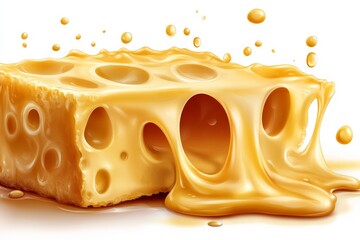 Poster - Cheese block melting and oozing with a glossy texture on a white background in a creative culinary setting