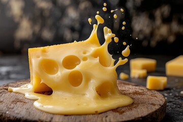 Poster - Melting cheese drips from a block on a wooden board surrounded by fresh cheese cubes