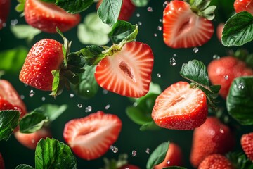 Poster - Fresh strawberries with leaves splashing in water create a vibrant and refreshing display in a studio setting