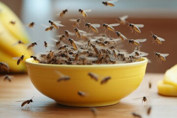 Poster - Swarm of bees surrounding a bowl of food on a wooden table in a bright indoor setting
