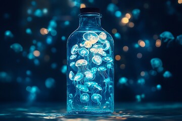 A mystical and ethereal image of bioluminescent jellyfish trapped in a glass bottle, glowing with a soft blue light against a dark blue background.