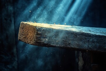 Poster - Sunlight illuminating dust particles on a wooden surface in an old room filled with mystery