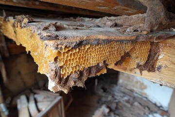 Poster - Beehive discovery in an old building showcases weathered honeycomb structure and remnants of bee activity