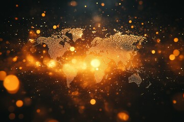 Poster - Elegant golden world map surrounded by shimmering particles and light effects showcasing global connectivity and beauty