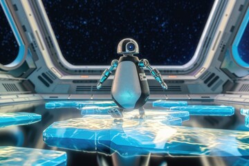 Poster - A penguin-shaped robot stands on glowing ice in a futuristic spaceship, gazing out into space.