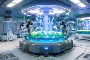 Poster - Two robots tending a glowing plant in a futuristic laboratory, showcasing advanced biotechnology.
