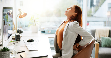 Aufkleber - Tired, back pain and stress with business woman in office for deadline, fashion design burnout and overtime. Fatigue, frustrated and bored with person in creative agency for muscle strain and crisis