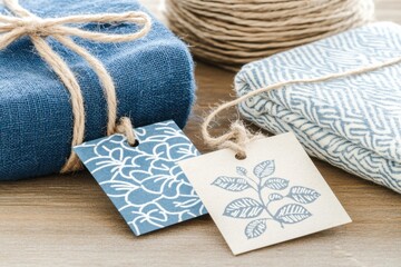 Poster - Rustic elegance shines through indigo-dyed fabrics and handmade paper tags with intricate patterns in a flat-lay arrangement