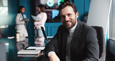 Fototapete - Portrait, smile and meeting with business man in office for crypto, digital assets and investment projection. Portfolio manager, blockchain analyst and professional with person in financial firm