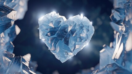 Poster - A crystalline heart, formed from icy shards, glows with ethereal light amidst a field of fractured crystals.