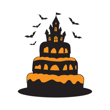 Halloween cake, gothic castle topper, flying bats, tiered cake, haunted house theme silhouette vector art illustration