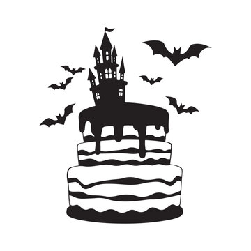 Halloween cake, gothic castle topper, flying bats, tiered cake, haunted house theme silhouette vector art illustration
