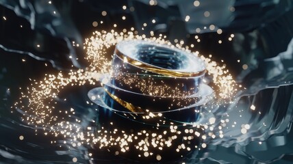 Poster - Abstract artwork of swirling, metallic rings with golden accents and glowing particles, creating a dynamic and futuristic visual.