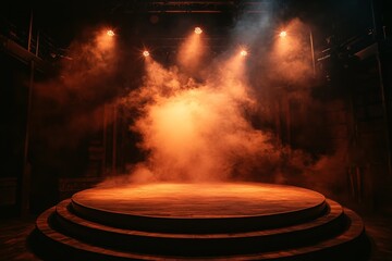 Poster - Stage illuminated by warm lights and mist in a theatrical setting at night