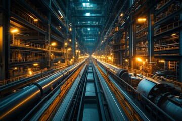 Poster - Industrial facility with intricate piping and illuminated structures at dusk