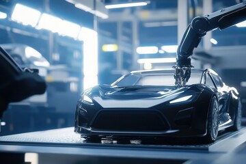 Poster - Advanced robotics assembly line working on a sleek sports car in a modern factory
